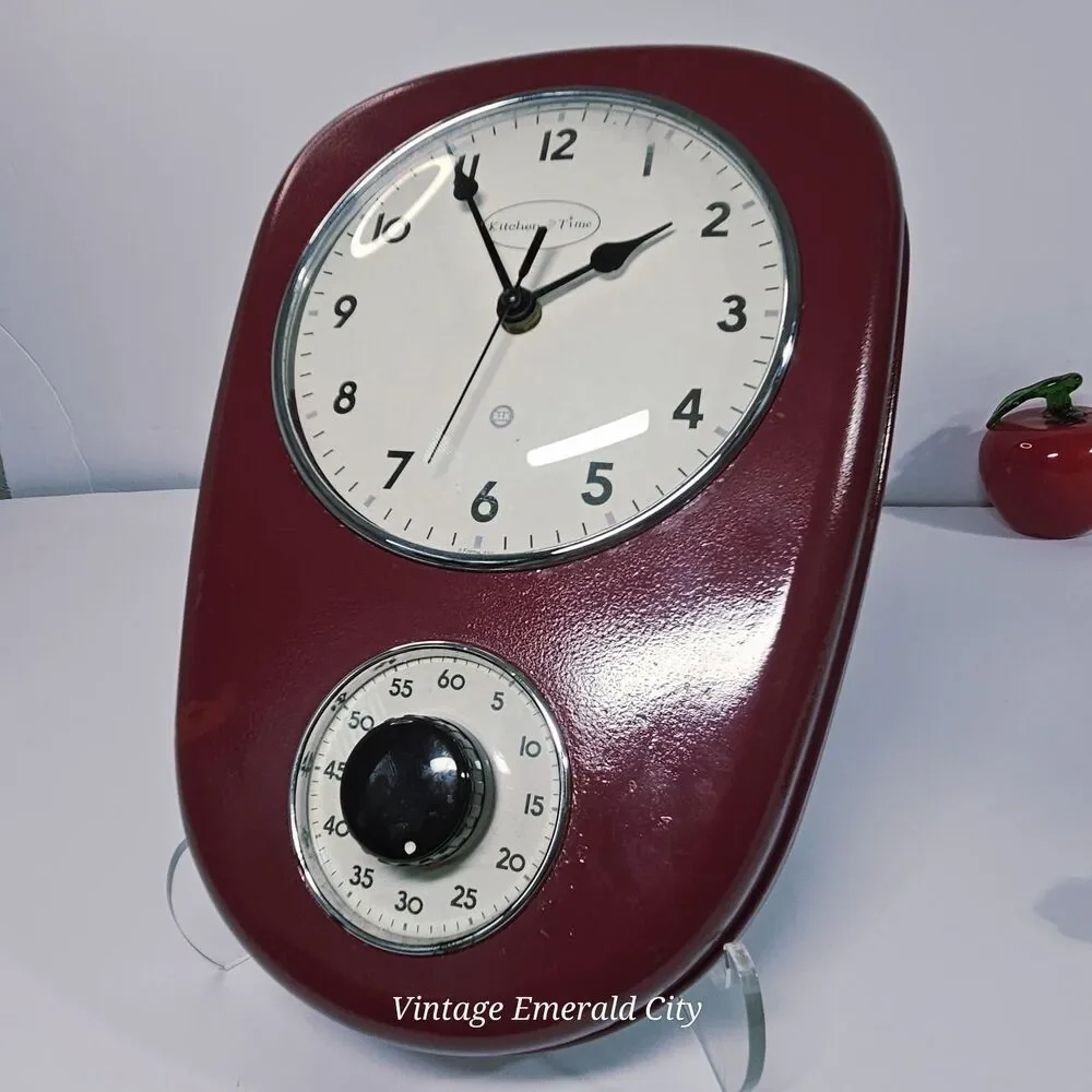 Vtg RZK Kitchen Red Wall Clock & Timer MCM- Needs New analog Clock/Timer Works
